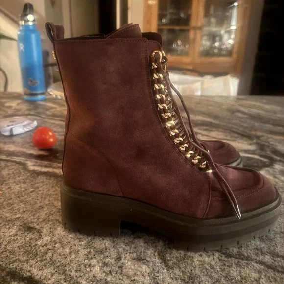 Sam Edelman Plum Suede Lace-Up Boots with Gold Accents - Picture 4 of 6